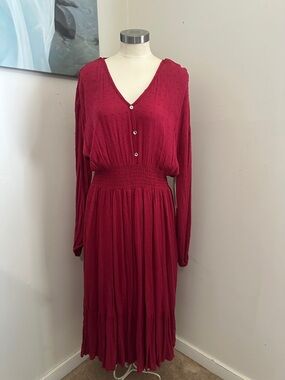 Red V-Neck Long Sleeve Maxi Dress with Smocked Waist